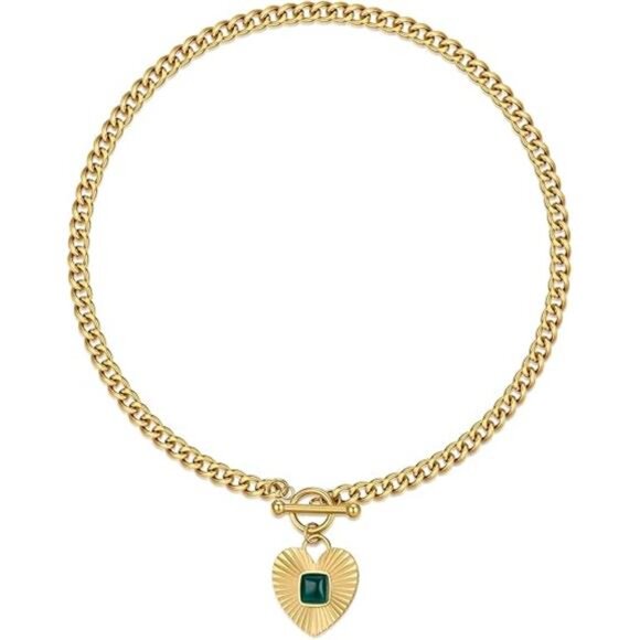 18K Gold Green Agate Heart Necklace | Chunky Sunburst Pendant - Picture 5 of 5